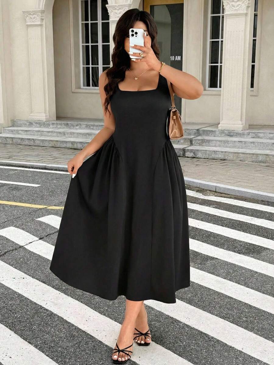 Easura 大码女士优雅无袖褶皱A字连衣裙，适合通勤，春夏穿着 - 黑色 - 查看 1