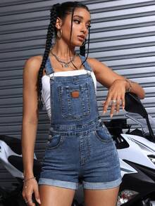 SHEIN PETITE Quần yếm denim nữ thêu chữ, có túi, kiểu dáng thường ngày. - Rửa tối - Xem 4