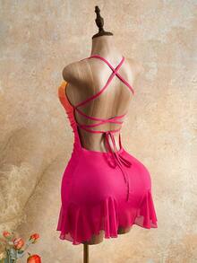 Mistrie New Sexy Slim Fit Backless Strapless Gradient Suspender Dress Club Outfits For Women Dress Pool Party Outfit For Women,For Women Boho Style Sleeveless Knitted Fabric A Line With Ruffle Hem,Yk2 Hot Girl Style, Fashionable And Sexy For Vacation, Perfect For Beach Getaways. - Hot Pink - View 2