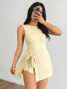 SHEIN EZwear 女士纯色极简无袖连体裤，适合日常穿着，杏色 - 杏色 - 查看 3