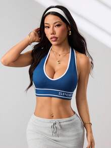 Dewbera Women's Letter Print Trim Racerback Sports Bra - Navy Blue - View 5