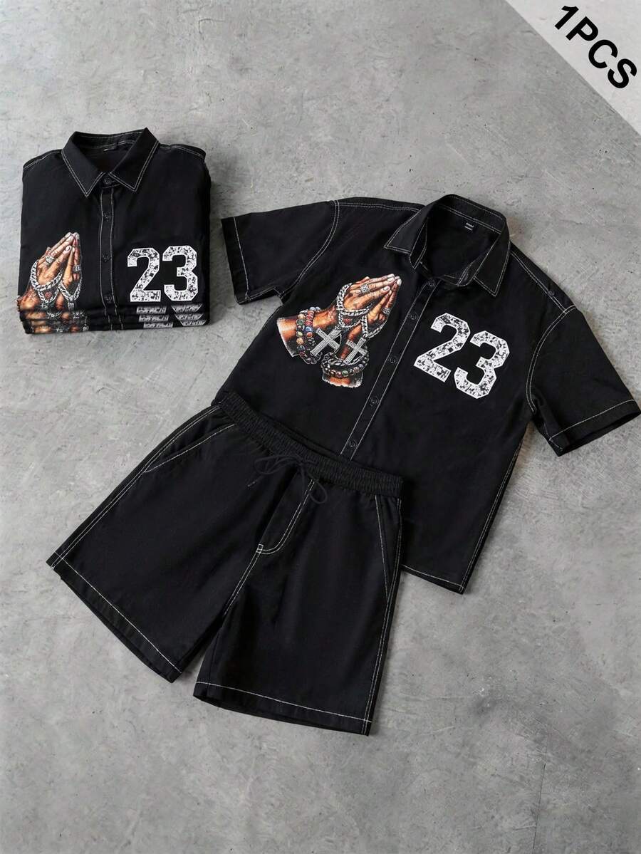 PAVTROS Camisa de manga corta con patrón numérico y pantalones cortos para hombre, conjunto casual diario - Negro - Ver 1
