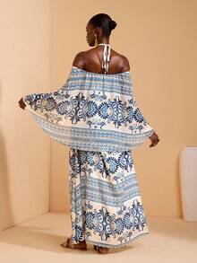 JIAN LASALA White All-Over Print Chiffon Off-Shoulder Halter Neck Tie Layered Women Boho Sexy Maxi Dress Golf Autumn - Multicolor - View 2