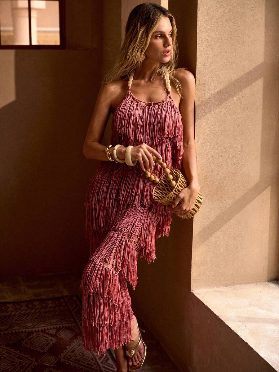 MOTF PREMIUM BEADED DECOR TASSELED SHEER VACATION COVER UP MID-LENGTH DRESS - Dusty Pink - View 1