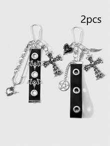 ROMWE 2 Y2k Retro Unique Personalized Heavy Industry Punk Dark Wind Goth Black Glossy Leather Metal Air Eye Hole Eye Wrist Strap Ancient Silver Demon Bat Wings Square Letters "Dark" Pin One Arrow Through The Heart Hollow Star Ring Dripping Oil Thorns Rose Love Uneven Skull Cross DIY Keychain Bag Pendant Pendant, Combination Set, Suitable For Women, Girls, Sisters, Girlfriends, Couples Daily Wear, Holiday Gifts - Black - View 4