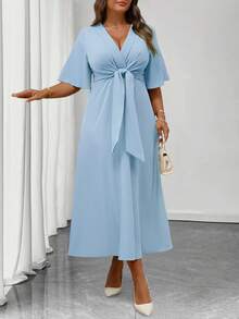 Elenzga Plus Size Women's Elegant Daily Wear V-Neck Ruffle Short Sleeve Tie-Waist A-Line Maxi Dress - Blue - View 3