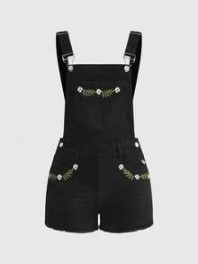 ROMWE Spring & Summer Fairycore Mushroom Embroidered Frayed Hem Denim Overalls And Jumpsuit For Women - Black - View 5