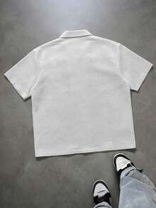 PAVTROS 男士纯色领宽松刺绣街头风短袖衬衫 - 白色 - 查看 2