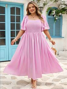 SHEIN CURVE+ Đầm nữ cỡ lớn dáng rộng, cổ tròn, tay ngắn, màu trơn, thanh lịch, thích hợp cho ngày Valentine, mùa xuân/hè, hoặc dịp năm mới, màu hồng. - Hồng - Xem 5