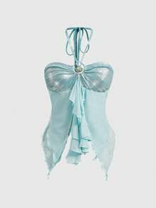 ROMWE Avant Summer Vacation Sexy Ocean Shell Decor Patchwork Hem Bandeau Mermaid Skirt Women 2 Pieces Set - Blue - View 5