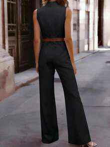 EMERY ROSE Women's Elegant Solid Color Stand Collar Sleeveless Jumpsuit - Black - View 2