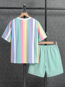 SHEIN Little Byeori Tween Boy Light Blue Striped Print T-Shirt & Casual Cargo Shorts Set,Summer Vacation Outfits,Y2k Streetwear Retro Birthday Clothes For Kids,2 Pcs - Multicolor - View 6