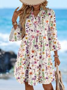 Sylviya Casual Minimalist Watercolor Floral Print Short Dress, Suitable For Summer, Vacation, Retro Style - Multicolor - View 4
