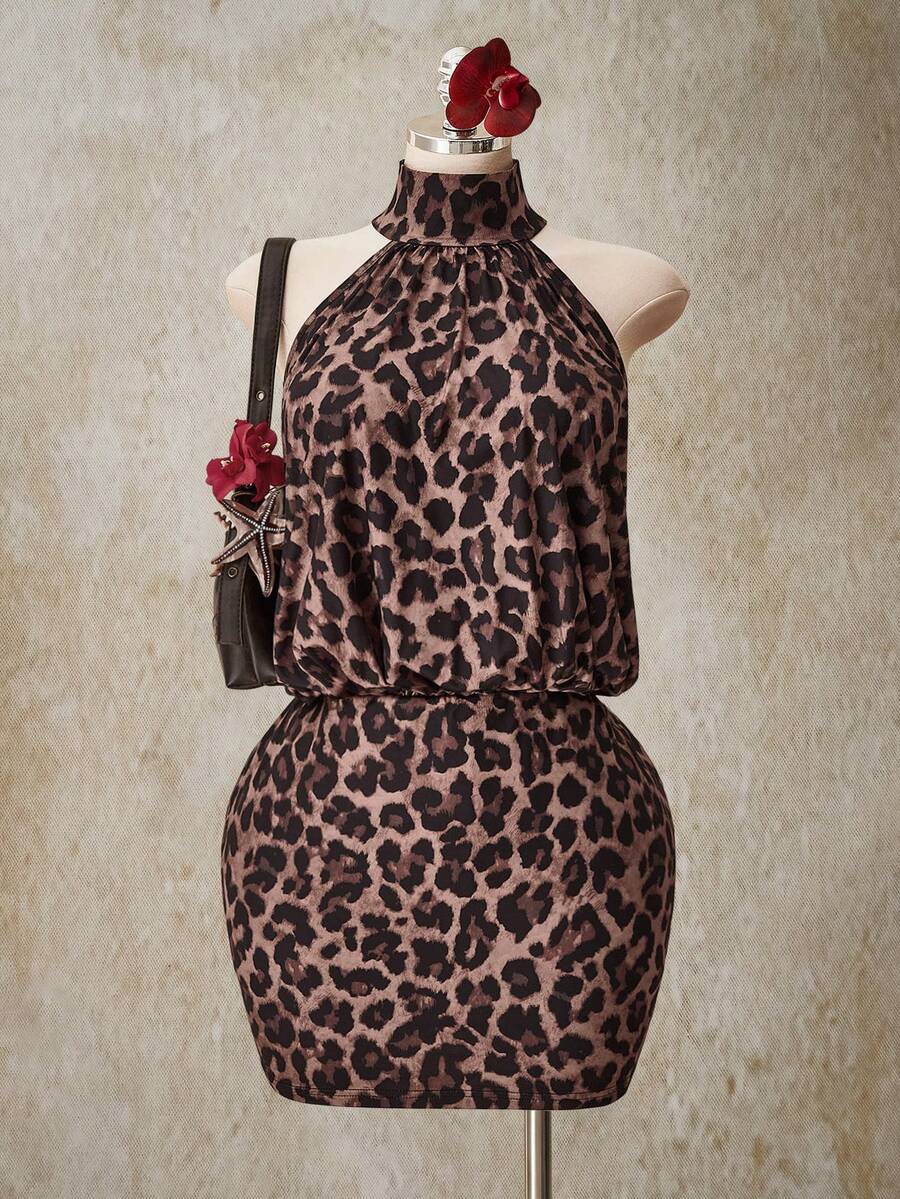 SHEIN ICON 大码高领露背褶皱紧身迷你连衣裙，性感Y2K露背挂脖紧身连衣裙 - 彩色 - 查看 1