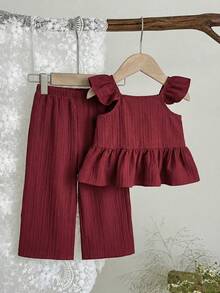 LMoss Kids LMoss 2pcs Baby Girl Woven Solid Color Square Collar Ruffle Bow Sleeveless Top And Pants Set Summer Outfit Sets Toddler Clothes - Red - View 5