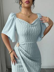 Modelyn 女士金属扣撞色荷叶边领花瓣袖修身优雅连衣裙，春夏款 - 綠色 - 查看 3