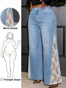 Truni Plus Size Casual Everyday Washed Contrast Lace Wide Leg Jeans, For Pear And Triangle Body Shape - Light Wash - View 1