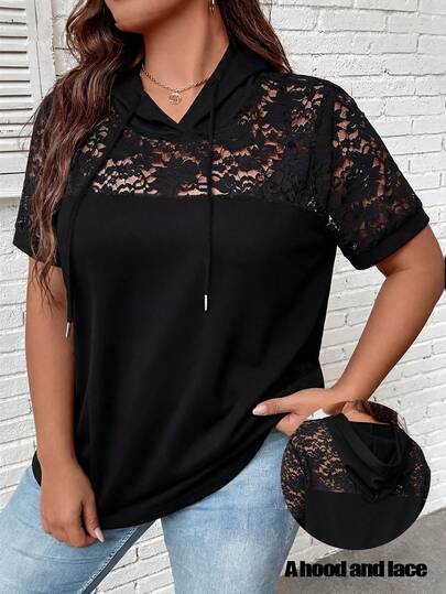 SHEIN LUNE CURVE 大码女式春夏纯色弹力面料蕾丝拼接短袖连帽轻薄套头卫衣，优雅时尚，适合通勤和日常穿着