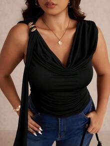 Elaquor Plus Size Women Solid Color Metal Decor Pleated Casual Versatile Daily Wear Top - Black - View 5