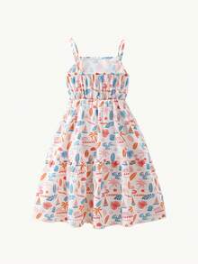 SHEIN Conjunto de 2 peças de vestido de alça casual de praia de verão para meninas pré-adolescentes, em cor sólida e estampa tropical all-over - Multicolorido - Visão 7
