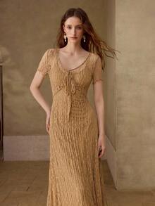 MOTF PREMIUM WOMEN'S TIE DETAIL LACE DRESS - Khaki - View 4