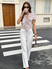 Serisse Khaki & White Plaid V-Neck Ruffle Trim Blouse - Multicolor - View 4