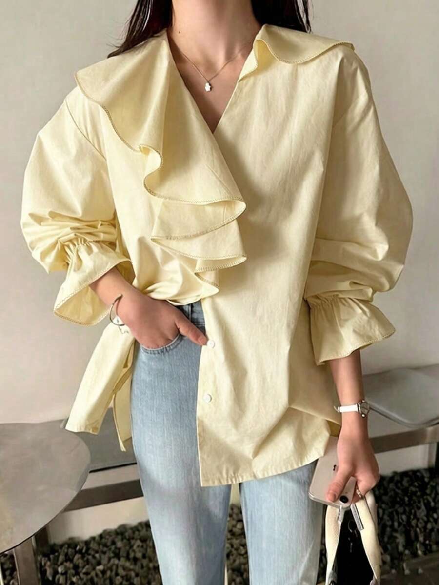 INAWLY Elegant V-Neck Ruffle Patchwork Loose Blouse - Yellow - View 1