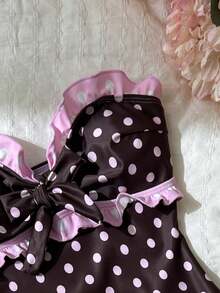 Swim Mod Áo tắm liền thân nữ in họa tiết ngẫu nhiên, buộc dây cổ, có bèo nhún, thích hợp cho mùa xuân/hè. - Nhiều màu - Xem 7