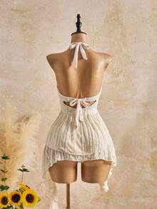 Swim Chiccia Elegant & Fashionable Women's Swimsuit, Textured Ruched Fabric, V-Neck Design, Underwire, Double Ruffle Hem, Suitable For Vacation, Beach, Party, Pool - Beige - View 2