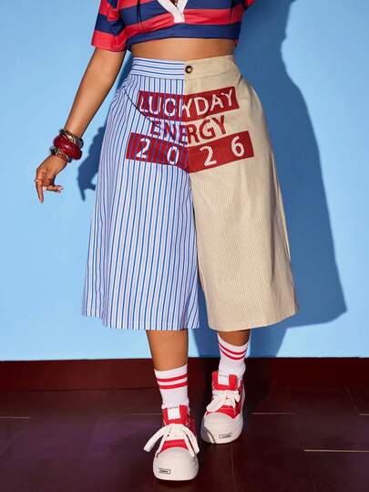 Maweii 大码女式条纹撞色字母印花宽松休闲短裤，夏季