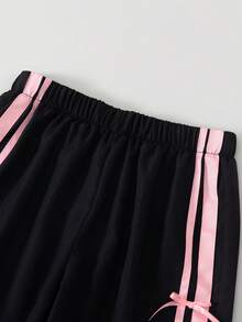 SHEIN Sparklyn 2件套少女白色短袖露脐上衣T恤和阔腿裤套装，配蝴蝶结腰带，粉色，适合春夏穿着，柔软舒适，休闲/运动风 - 彩色 - 查看 7