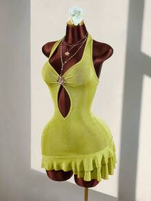 Amplova Women's Sexy Ruffled Hem Backless Halter Mini Dress, Vacation - Green - View 3