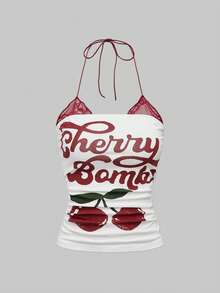 ROMWE Spring/Summer Graphic 2 Pieces Set: Vintage Cherry Print & Punk Floral Contrast Lace Halter Neck Top - Multicolor - View 3