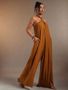 Hauture Women's Sexy Solid Color Backless Halter Neck Loose Jumpsuit - Rust Brown - View 3