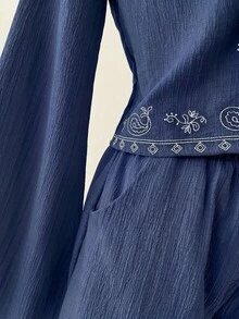 SHEIN EZwear 两件套女士藏蓝色刺绣系带长袖上衣和短裤套装 - 藏蓝色 - 查看 6