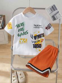 Set de 2 piezas de top de manga corta con estampado y pantalones cortos con cintura contrastante, cómodo y casual para niños, adecuado para primavera y verano - Multicolor - Ver 4