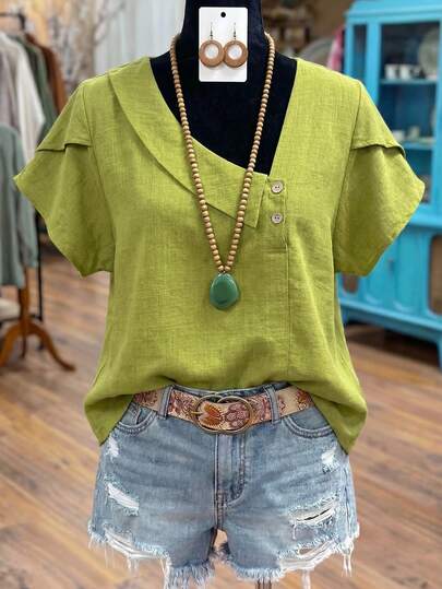 Linhara Plus Size Women Solid Color Asymmetric Ruffle Trim Short Sleeve Fashionable Blouse,St Patrick's Day Green Blouse,Vacation Beach