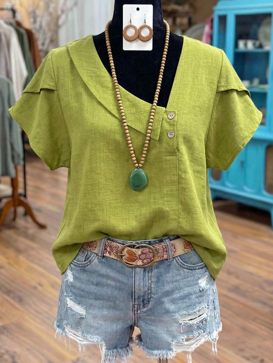 Linhara Plus Size Women Solid Color Asymmetric Ruffle Trim Short Sleeve Fashionable Blouse,St Patrick's Day Green Blouse,Vacation Beach - Lime Green - View 1