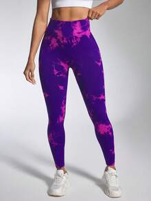 SHEIN Velisys Bộ 2 chiếc quần legging thể thao nữ màu tím và hồng nhuộm tie-dye, không đường may, co giãn cao. - Nhiều màu - Xem 5
