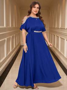 SHEIN Clasi Plus Size Elegant Party Sequin Embellished Off-Shoulder Dress - Royal Blue - View 3