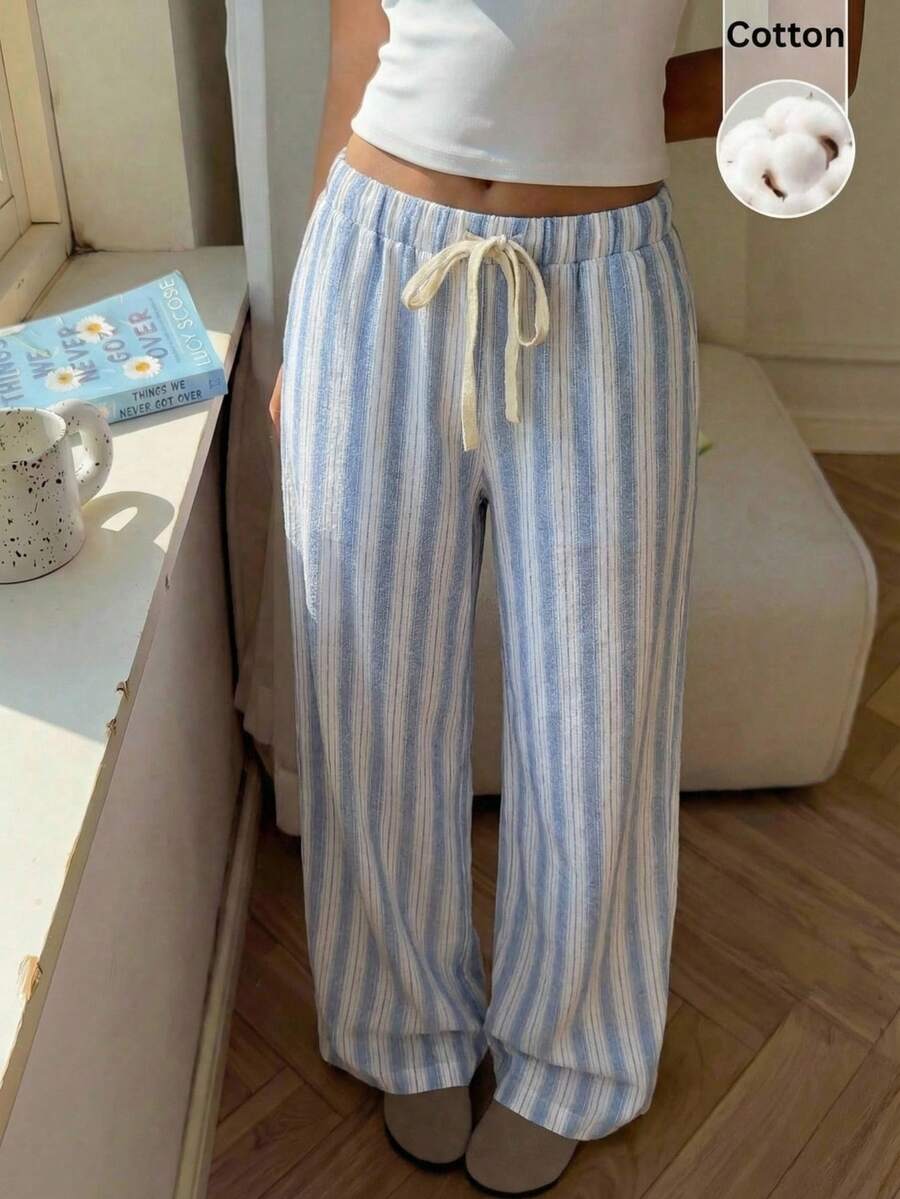 CovetEZ 女士休闲撞色条纹阔腿裤 - 藍白色 - 查看 1