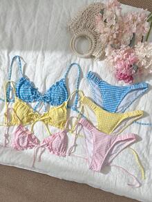 Swim Shayni Bộ bikini 6 món mùa hè dành cho nữ, họa tiết kẻ caro, xếp ly, buộc dây cổ, kèm quần lót tam giác. - Nhiều màu - Xem 1