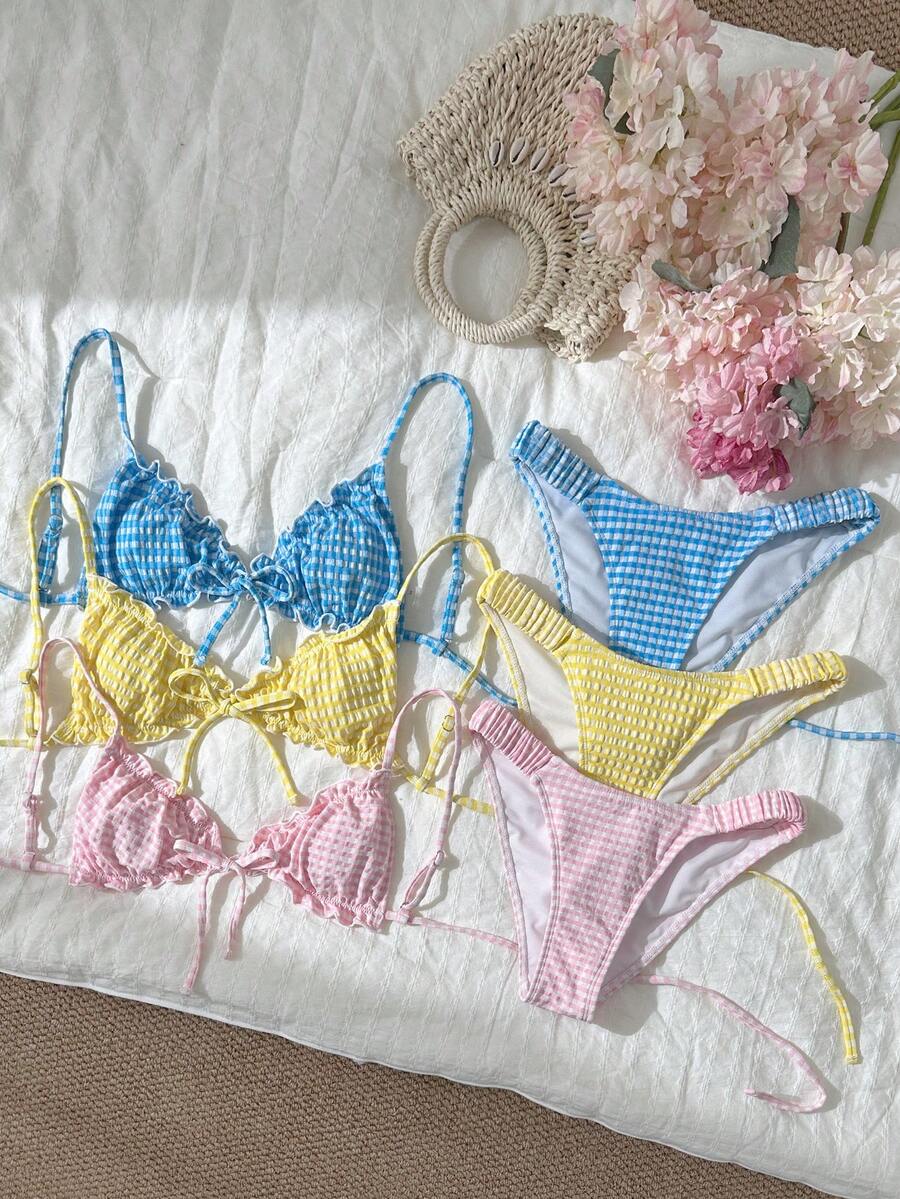 Swim Shayni Bộ bikini 6 món mùa hè dành cho nữ, họa tiết kẻ caro, xếp ly, buộc dây cổ, kèm quần lót tam giác. - Nhiều màu - Xem 1