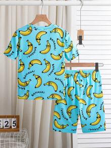 SHEIN Kids/Tween Boy Snug Fit Cartoon Banana Print Casual Minimalist Comfortable Round Neck Short Sleeve Shorts Pajama Set, Suitable For Spring/Summer - Green - View 2