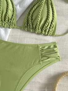 Bonvoyette Conjunto de bikini de halter elegante y casual para vacaciones, traje de baño hecho a mano con cuerda para fiesta en la piscina de la isla - Verde - Ver 7