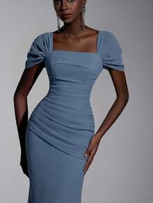 Elitara Đầm chiffon dáng suông, trễ vai, xếp ly phía trước, kiểu đuôi cá, thanh lịch, thích hợp cho hẹn hò, du lịch, tiệc độc thân, đám cưới, hoặc làm đầm phù dâu. - Màu xanh bụi bặm - Xem 6