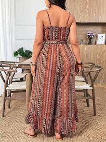Weeklong Plus Size Women's Printed Spaghetti Strap Ruffle Hem Jumpsuit, Casual Vacation Outfit - Yellow - View 2
