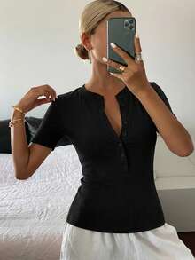 DAZY Women's Summer Fitted Regular Shoulder Short Sleeve Casual T-Shirt - Black - View 5