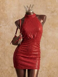 Elin Vora 女式无袖亮片迷你派对连衣裙，适合新年节日派对服装 - 紅色 - 查看 3