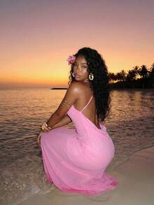 Slaydiva Women's Elegant Soft Pink High-Slit Backless Long Dress,Summer Casual Beach Holiday Vacation Holiday Wedding Guest,Cottagecore Puffed Sleeve Vintage - Pink - View 9